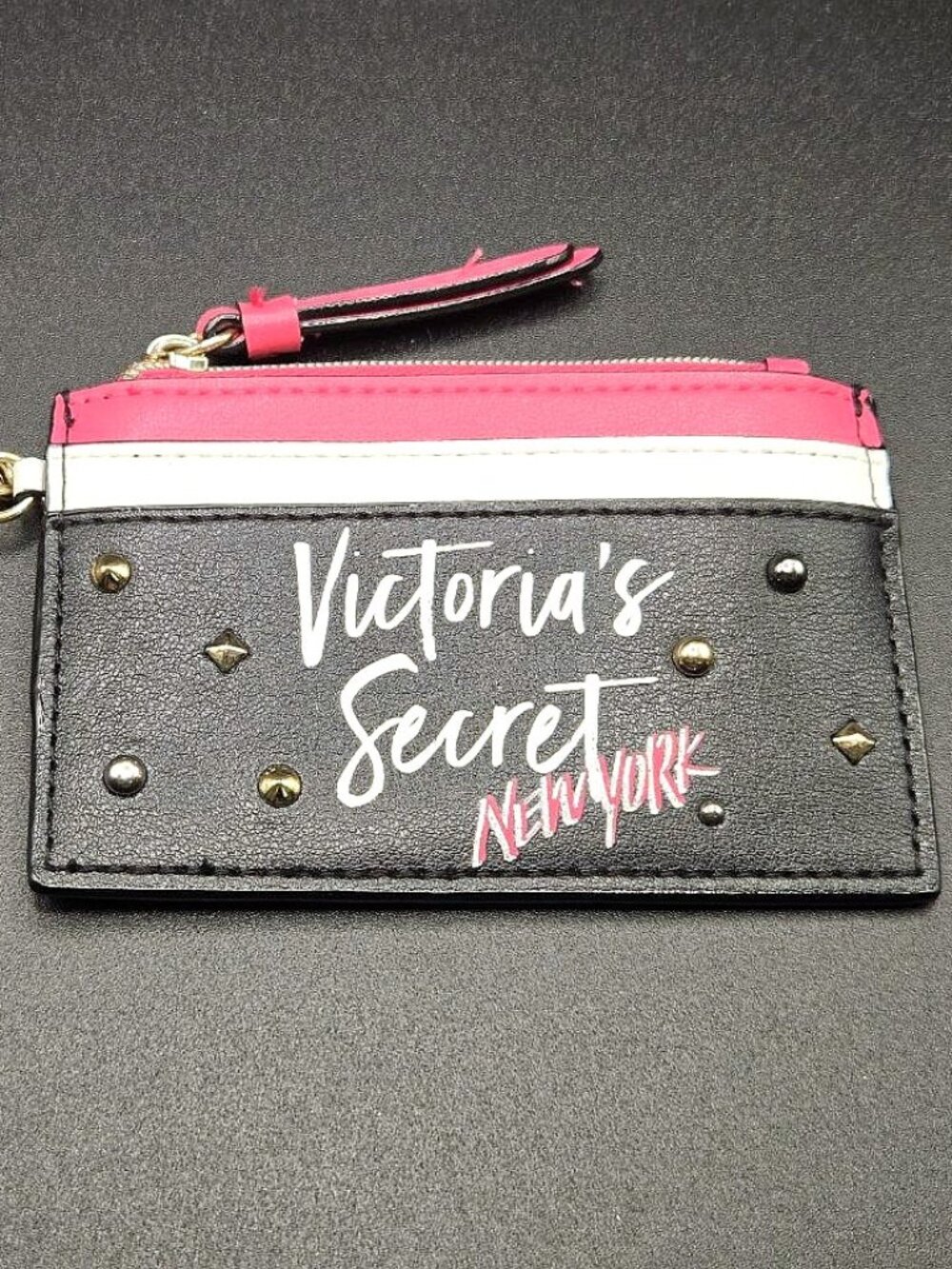 Victoria's Secret New York Card Case Keychain Studded Zip Wallet Black Pink
